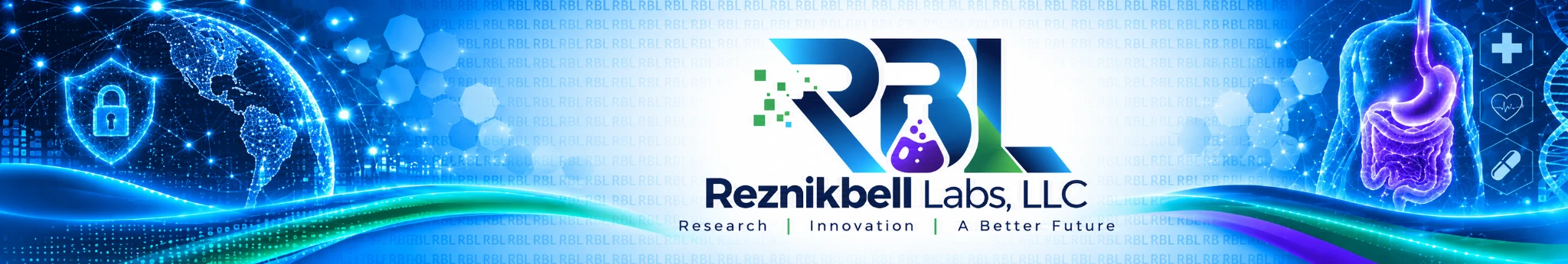 Reznikbell Labs branding connecting cybersecurity, technology, and human health research, with the tagline Research, Innovation, A Better Future